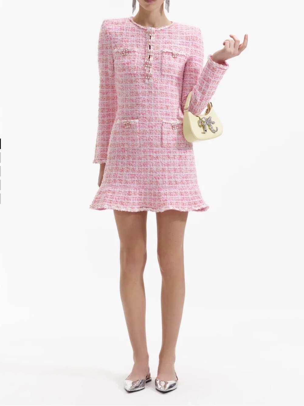 Self-Portrait Pink Tweed Long-Sleeve Mini Dress